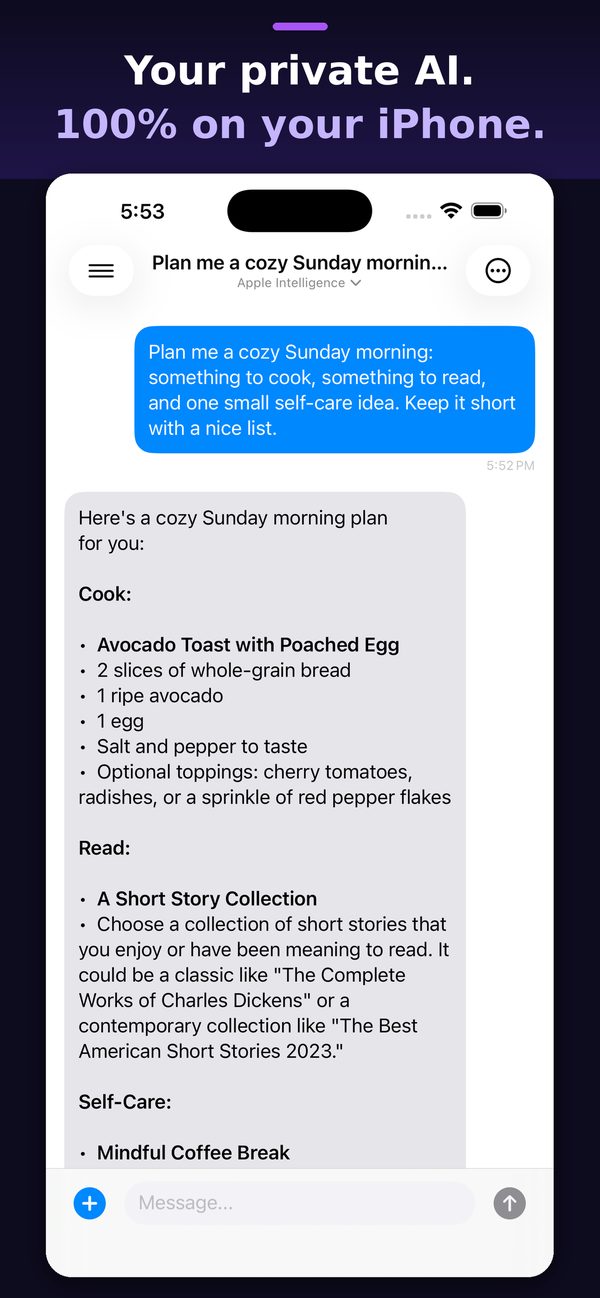 AiGoodbye on iPhone answering a request to plan a cozy Sunday morning, running on Apple Intelligence