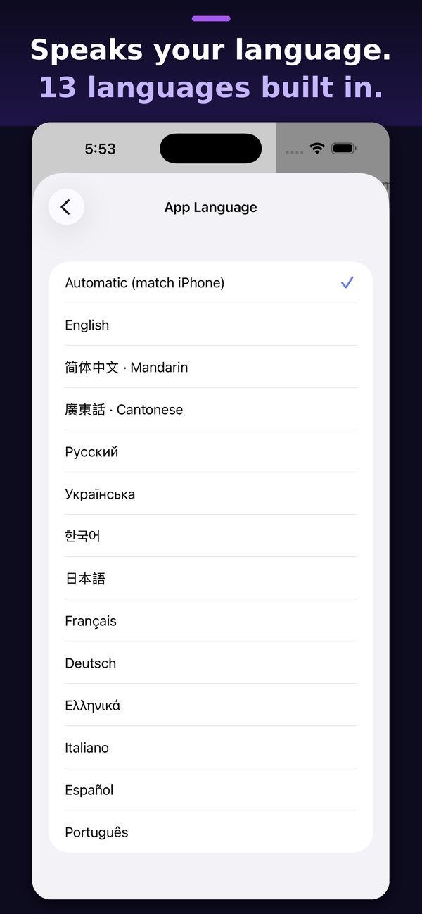 The language picker with 13 languages